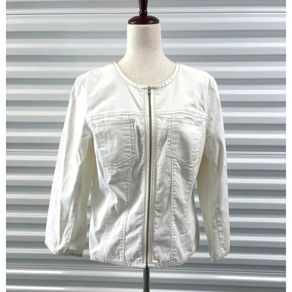 Sigrid Olsen Jacket, Cream Full Zip Blazer, Satin Trim, Women’s Size 14 - Picture 1 of 7